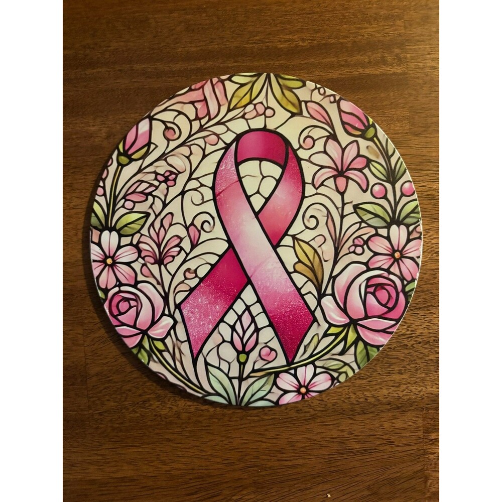 Breast Cancer Awareness Pink Ribbon Stained Glass Style 8" Round